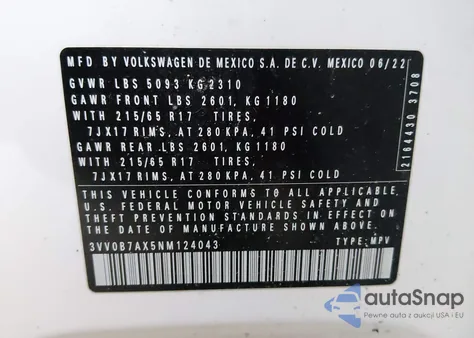 2022 Volkswagen Tiguan 2.0T S из США, поврежденный, VIN 3VV0B7AX5NM124043